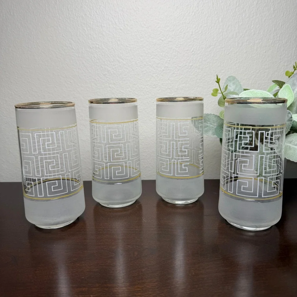 Vintage Libbey Greek Key Frosted Highball‎ Glasses Gold Rim MCM Set of 4